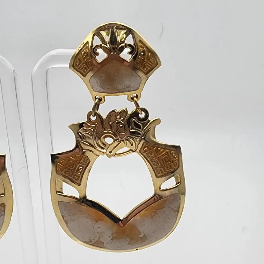 Vintage Berebi Gold Tone, Cream, & Yellow Enamel Dangling Statement Earrings